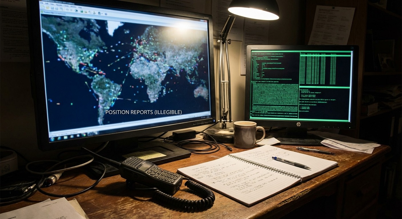 An APRS digipeater site at dusk, with a vertical antenna and a ground-mounted equipment cabinet, low cloud overhead.