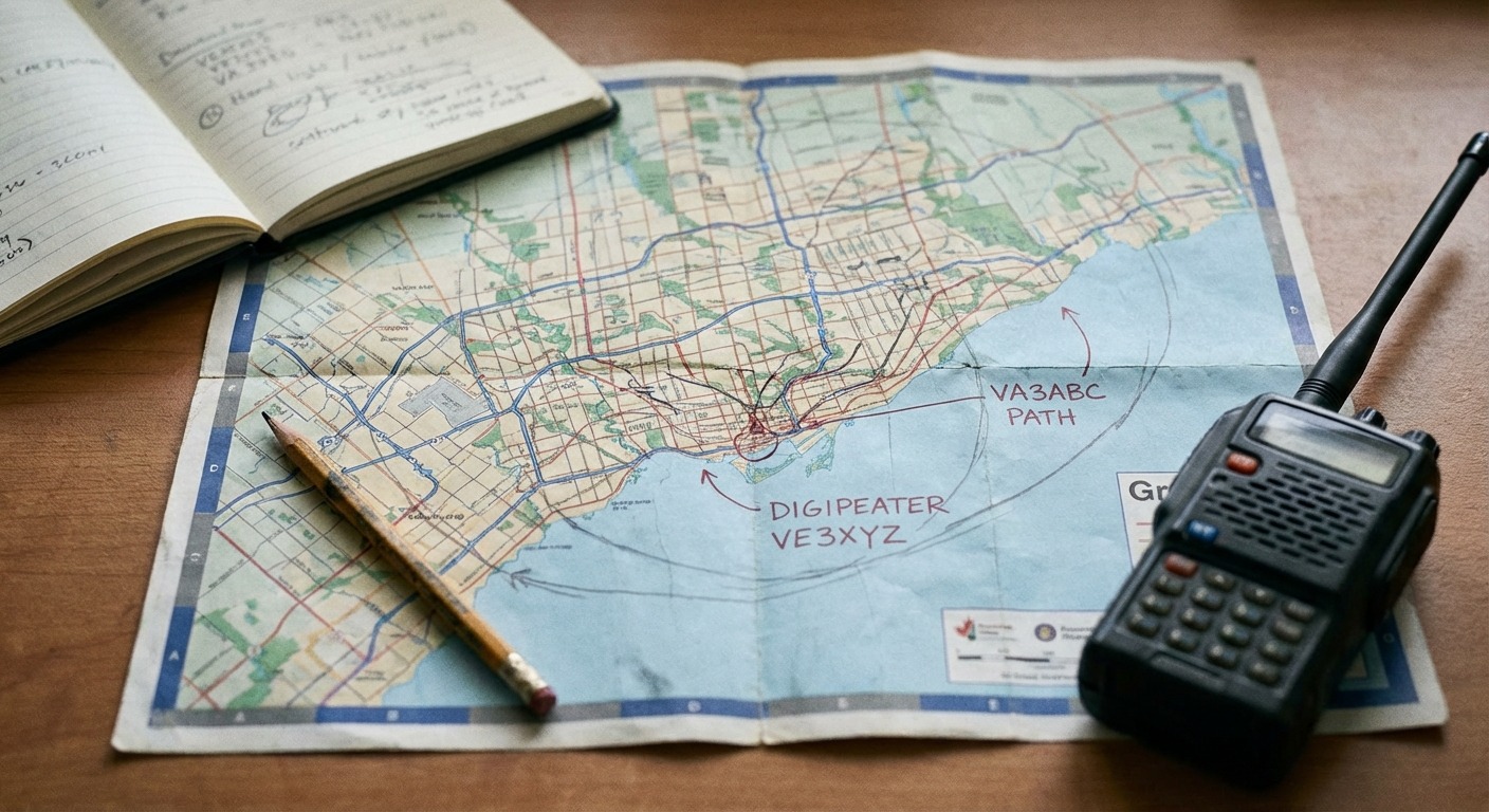 A regional map showing APRS digipeater coverage circles overlapping across Southern Ontario from Toronto to Hamilton.