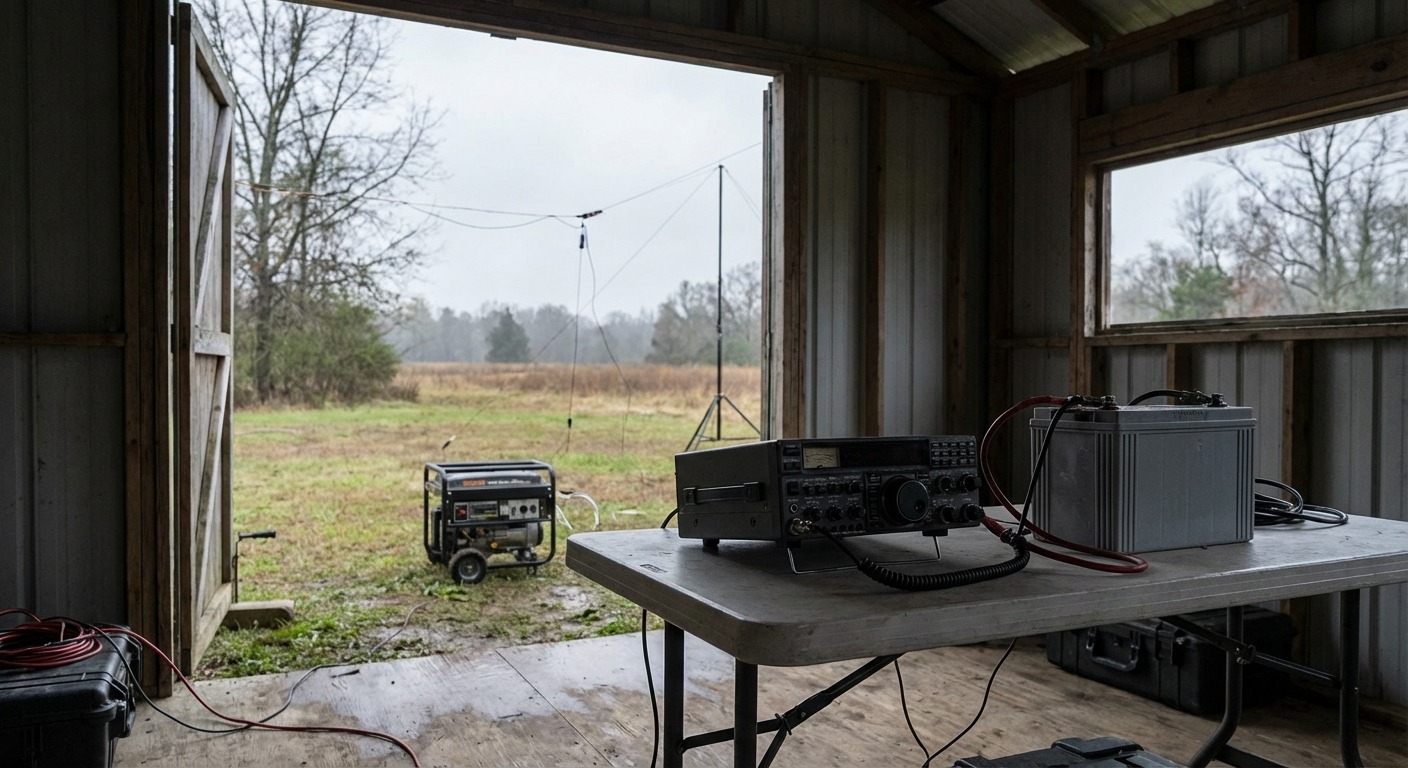 A small transmitter shelter on a snow-covered ridge, with a single guyed mast and a fuel tank visible behind a chain-link fence.