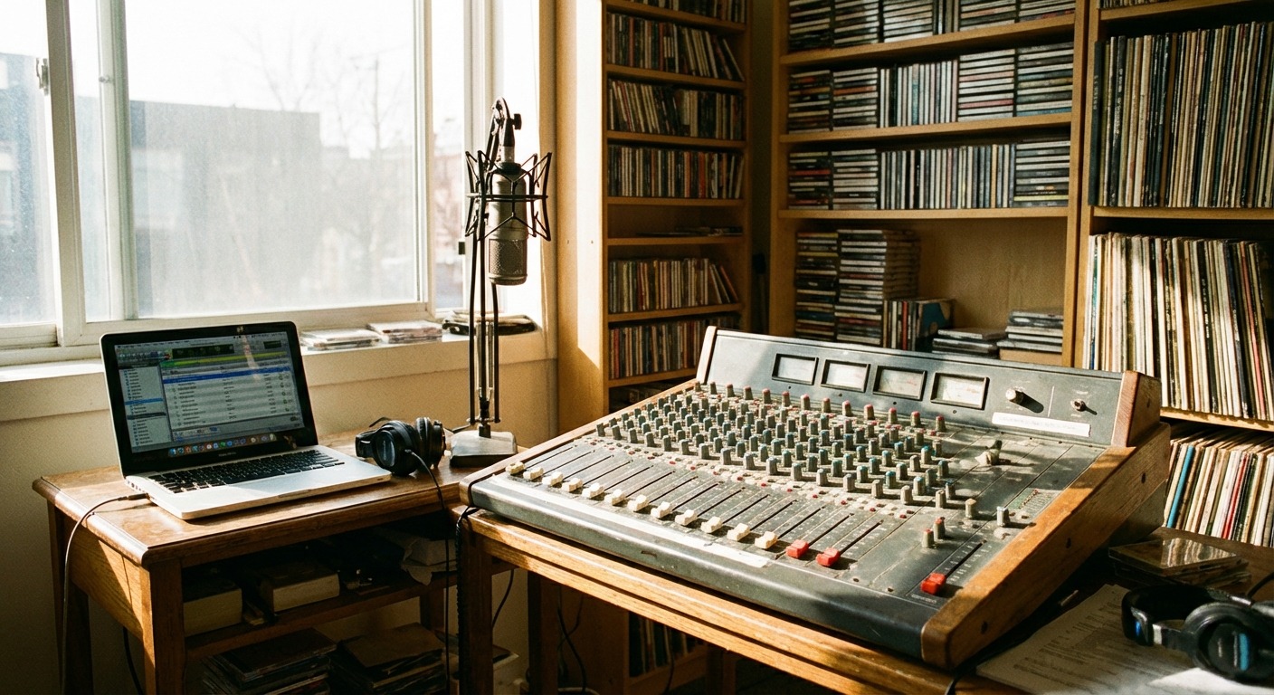 A wall map of Canada in a community radio studio with small pins at several cities and towns marking active community broadcasting projects.