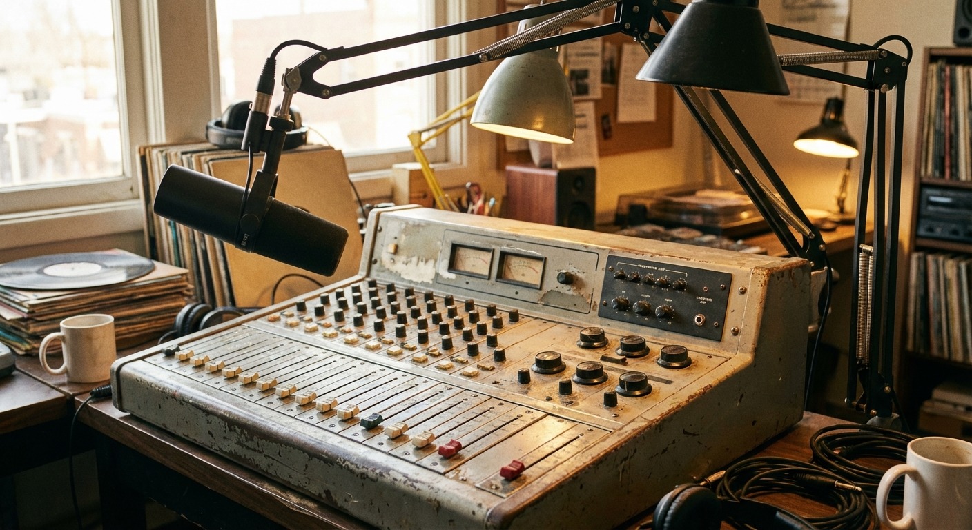 A mid-sized broadcast mixing console with faders labelled by hand, microphones on booms and a wall clock visible in the background.