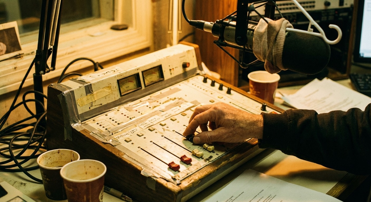 A worn but well-maintained broadcast mixer in a community studio, faders showing wear from years of volunteer use.