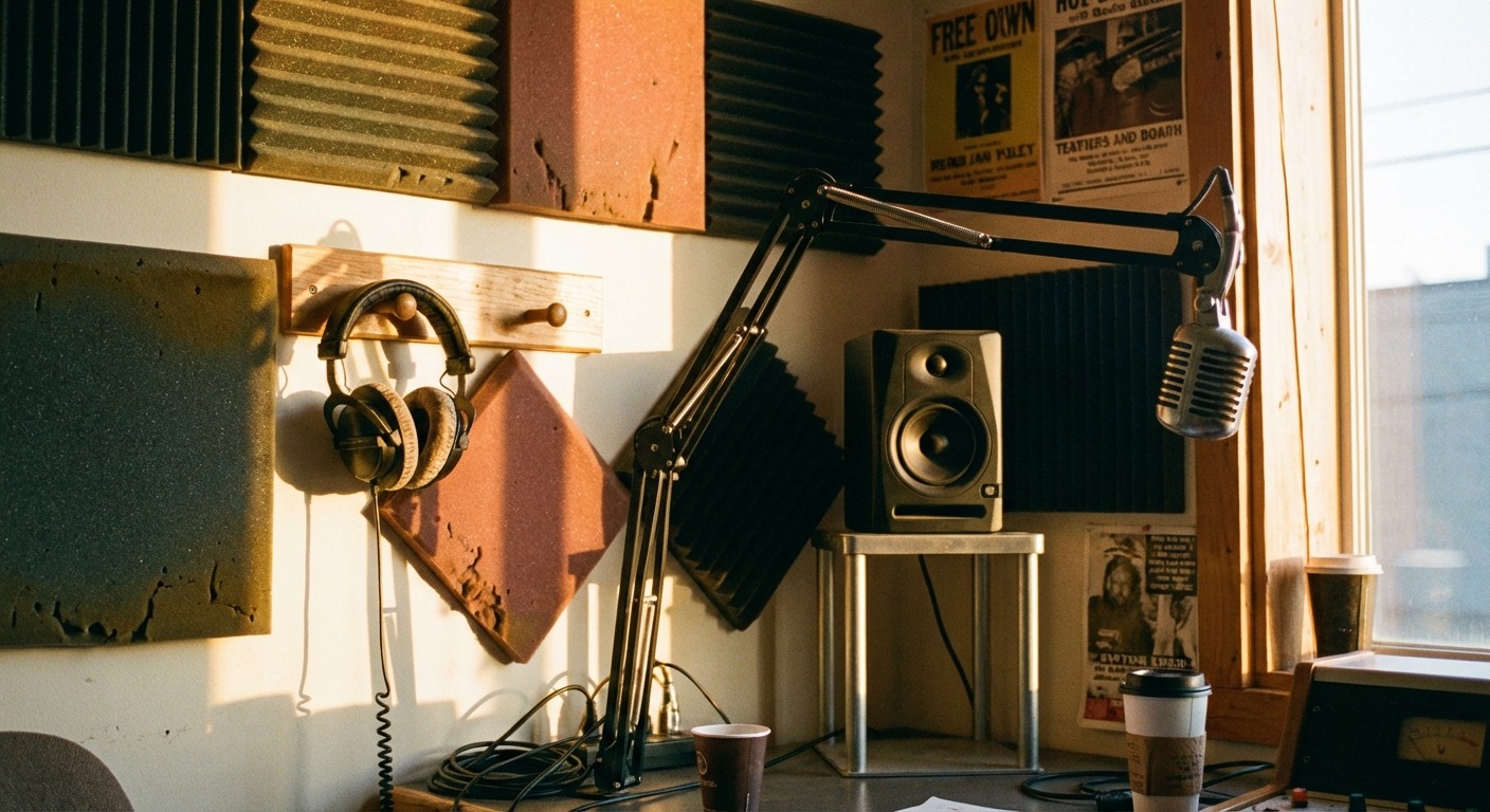 A small mixing desk with a hand-labelled patch panel, a notebook of show running orders open beside it, and a framed printout of the station schedule on the wall.