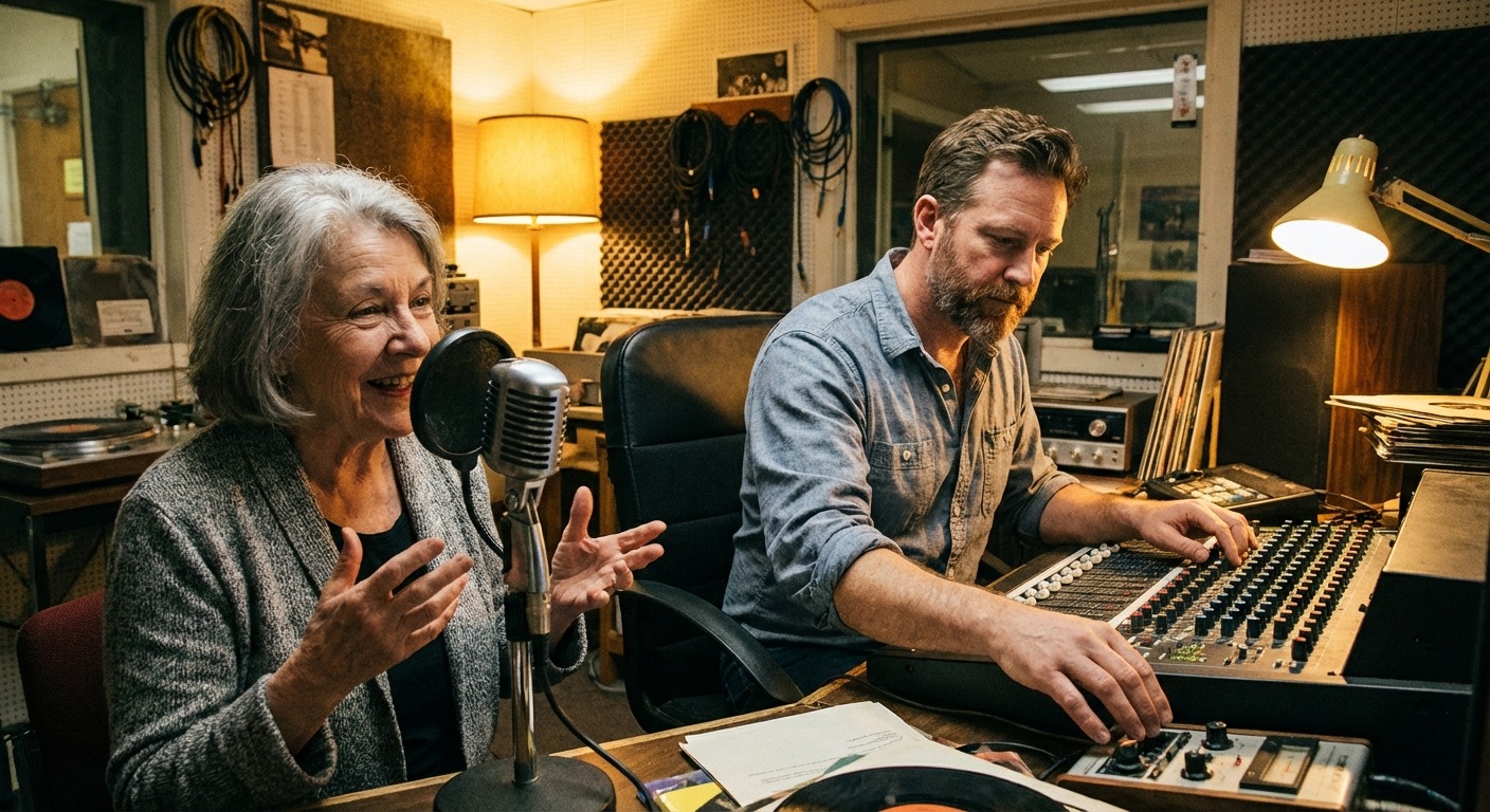 Two volunteers at a community radio studio, one operating the board and one speaking into a microphone, with a window onto a quiet small-town street behind them.