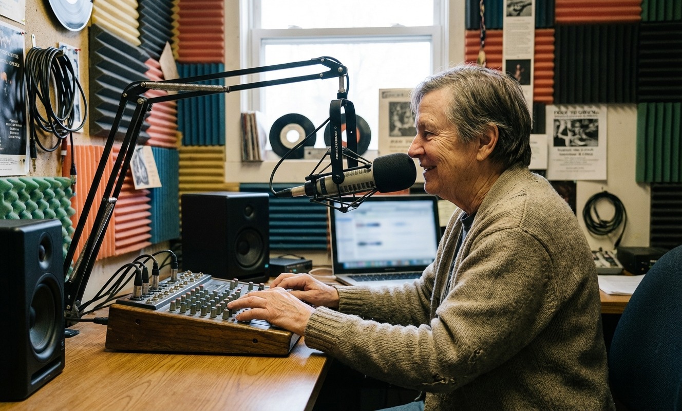 Volunteer operator at a small community radio studio, with mixer and microphone