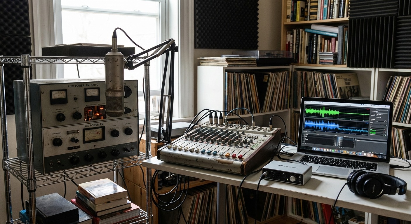 A small community radio studio with a presenter at a mixing desk and a laptop running a stream encoder.
