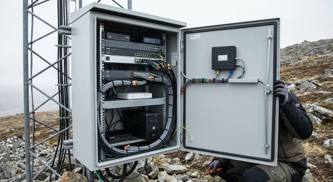 A digital link cabinet at a remote site, with a switch, two radios, a battery backup unit and clearly labelled patch leads.