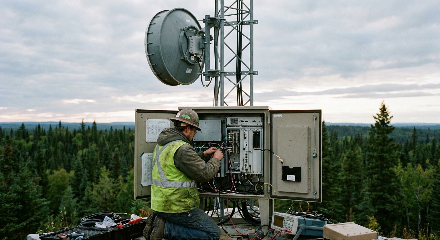 Engineer adjusting a digital radio link cabinet at a remote hilltop relay site
