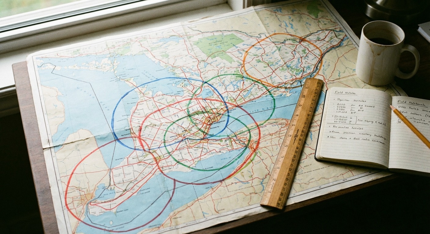 Map illustration of overlapping radio coverage cells across a region