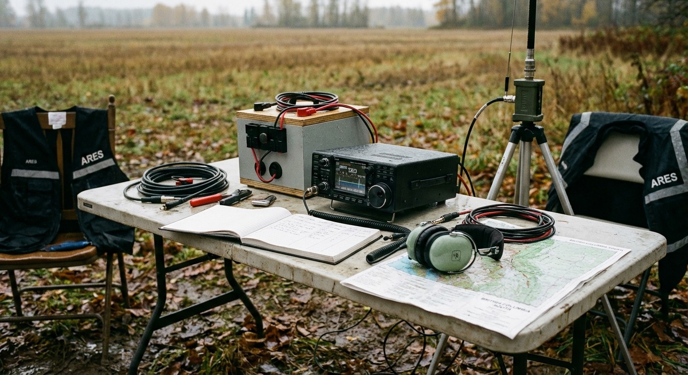 Portable HF transceiver and battery box set up on a folding table for emergency communications