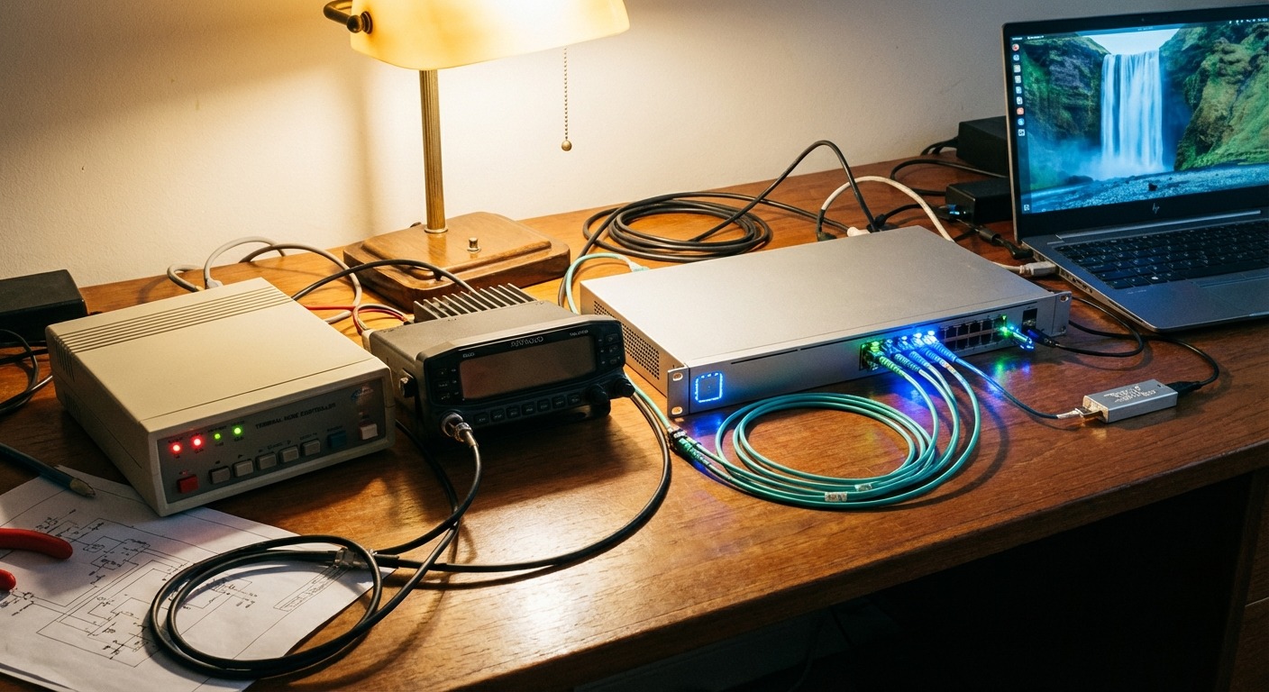 A rack of digital radio equipment with audio-over-IP transport gear and a software-defined radio chassis at a regional transmitter site.