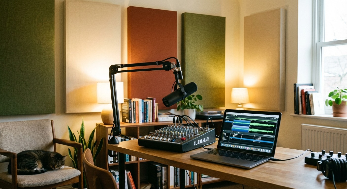 A small community radio studio in a converted shop space, with mismatched chairs, a hand-built acoustic panel on the wall, and a single mic with the on-air light dim.