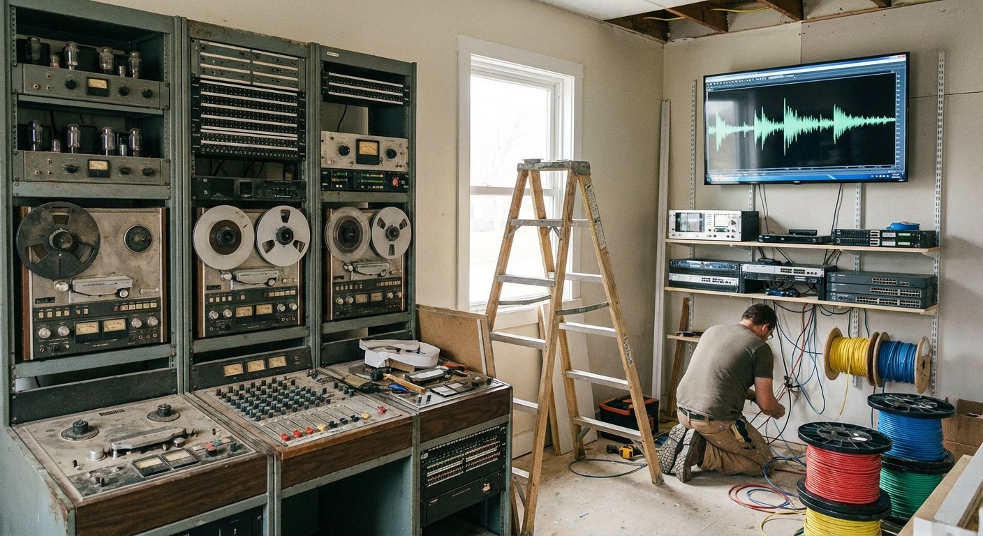 An older transceiver and a modern software-defined radio sit on the same operating bench, illustrating generational continuity across radio infrastructure shifts.