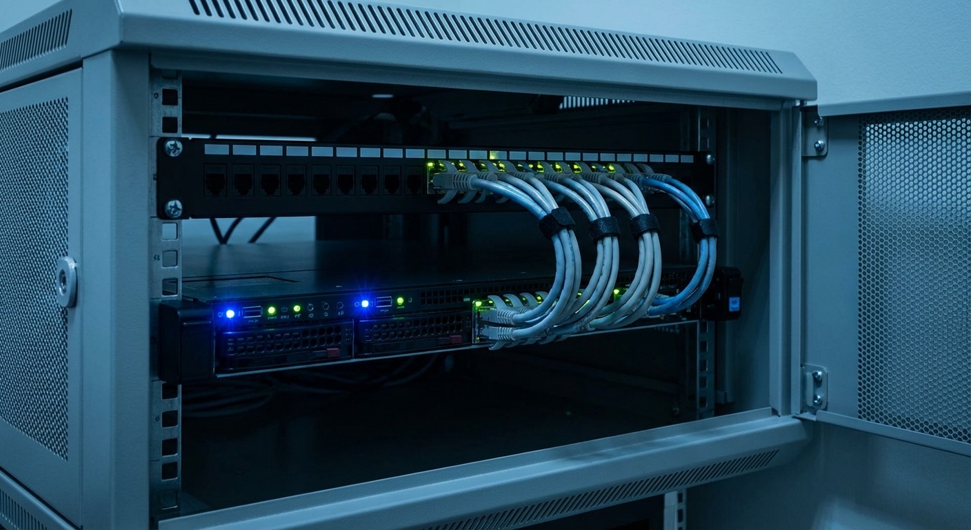 A close-up of a 1U rack-mount server in a colocation facility, with network and power cables neatly bundled, used as a streaming origin server.