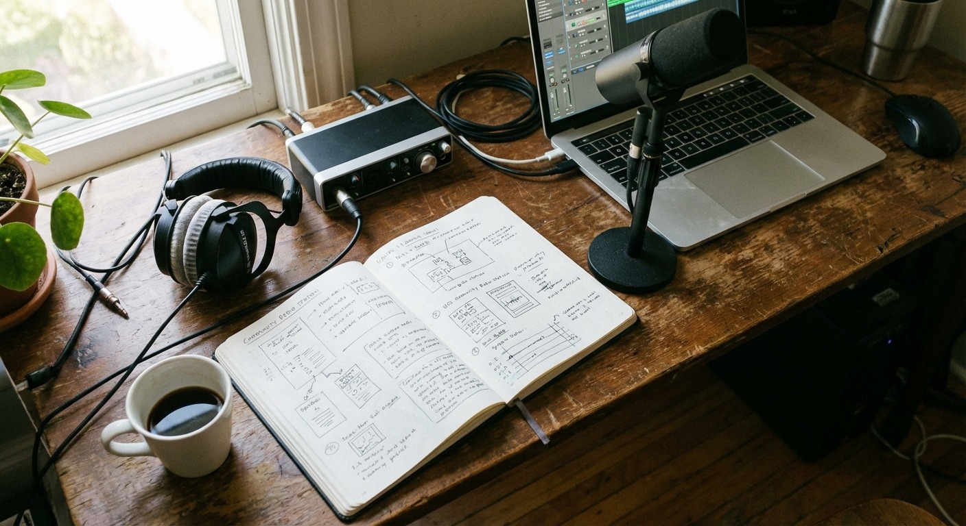 Notebook with handwritten plans for a community radio station next to a USB audio interface