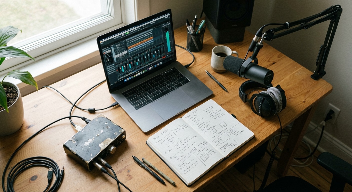 A small studio desk with a USB microphone, a four-channel mixer and a laptop running streaming software, set up in a converted office with acoustic panels on the wall.