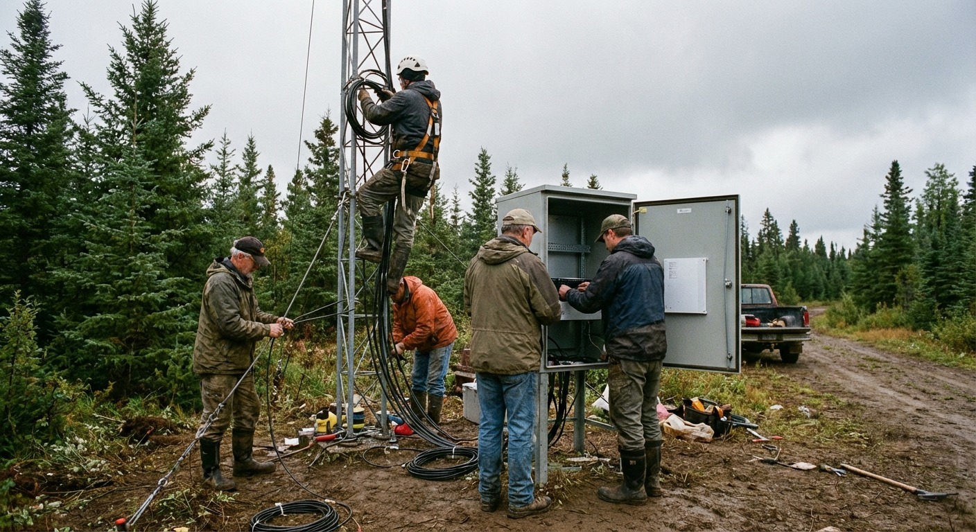 An amateur radio repeater enclosure mounted on a steel tower leg with hand-routed coax and a weather-tight junction box, showing modest but disciplined infrastructure work.