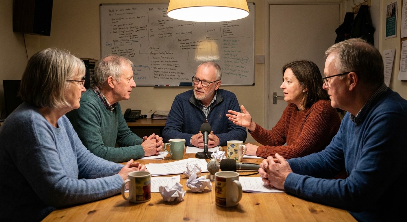 A small group of community radio volunteers sitting around a meeting table with notes, mugs and a station programming grid pinned to the wall.