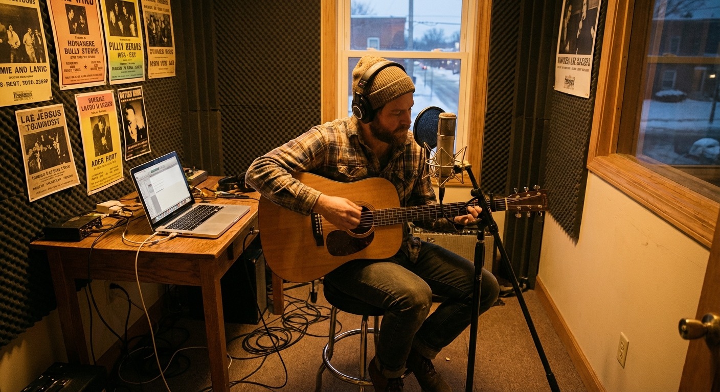 A folk musician with an acoustic guitar performing in a small studio with a microphone, a laptop and a soft-lit backdrop, being recorded for a community radio session.