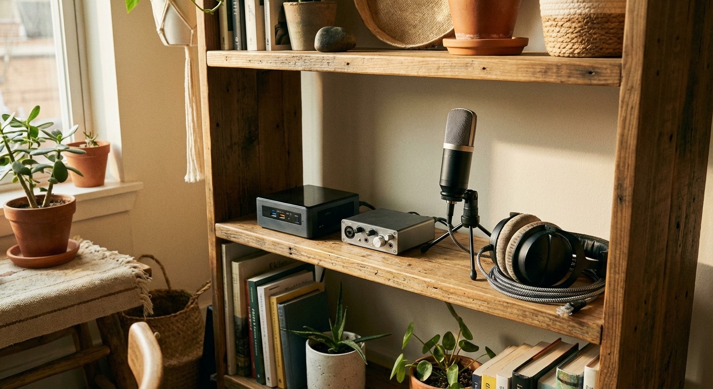 A modest home studio setup with a single condenser microphone, headphones, a small audio interface and a laptop running a streaming dashboard.