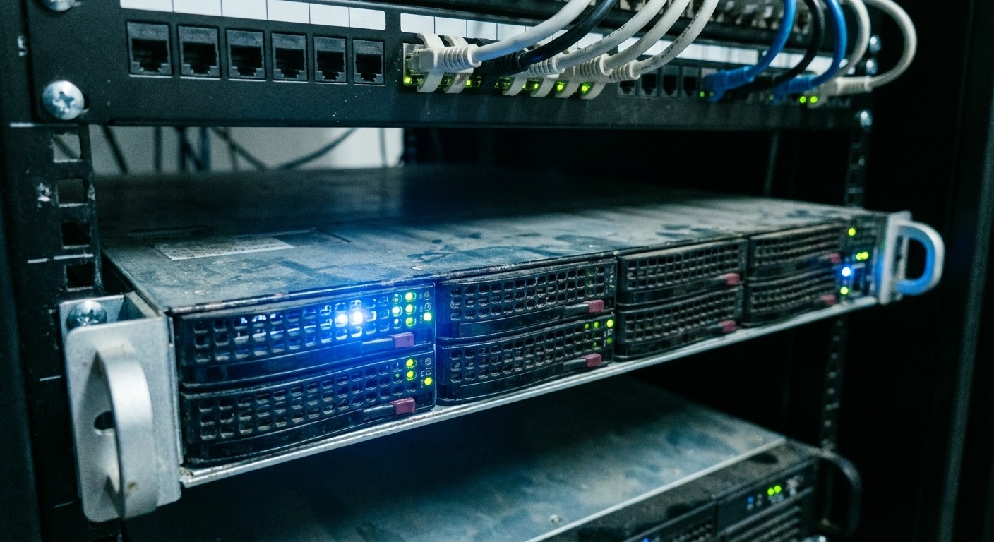 A small rack with a stream encoder, audio interface, and network switch in a community broadcast room.