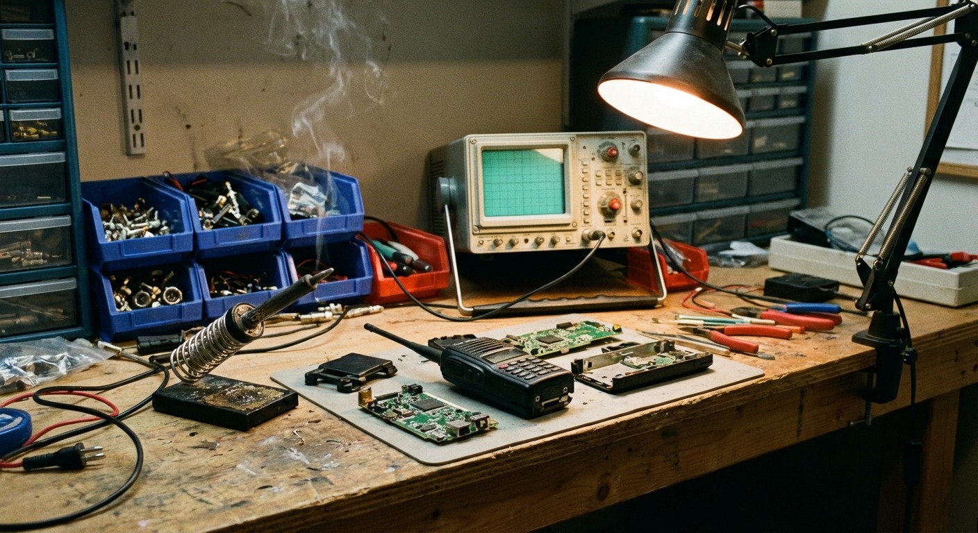 A volunteer operator at a workbench with a documentation binder open, working on a digital radio module while an older analog rig sits ready for reuse.