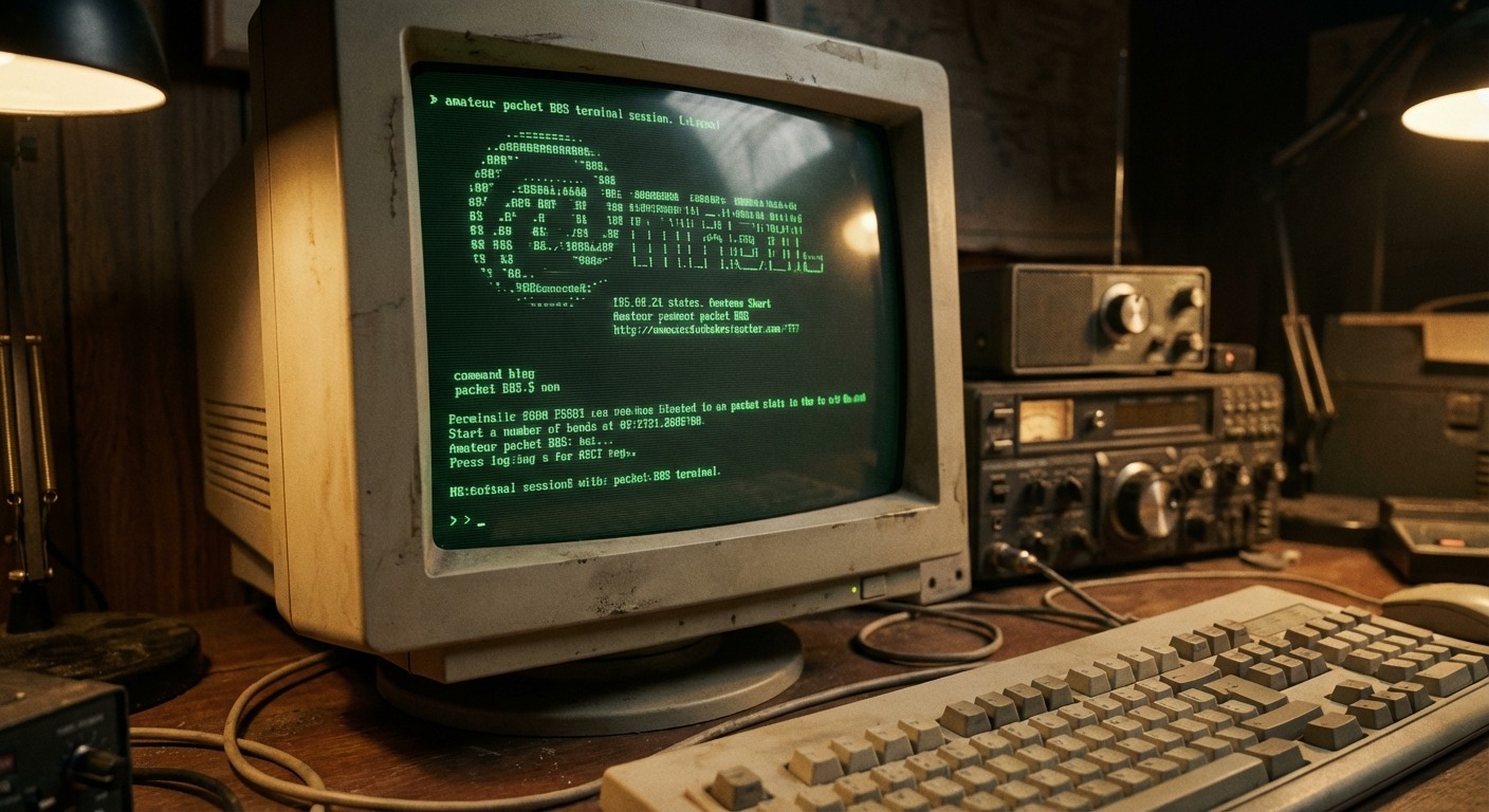 A monochrome terminal screen showing a packet BBS prompt with a list of bulletin headers and a message ID column.