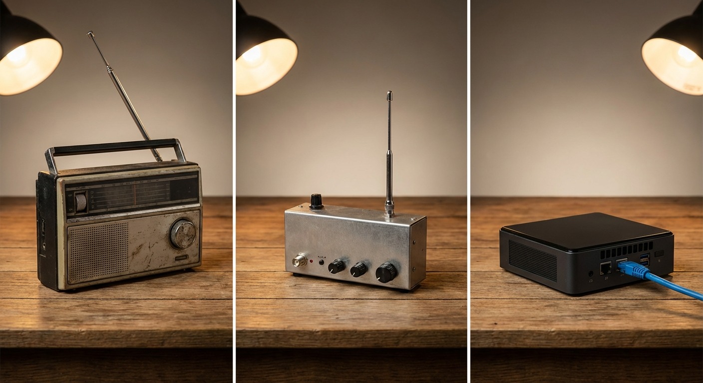 A composite illustration showing a packet TNC connected to a transceiver, an FM broadcast transmitter rack, and a streaming server cabinet, side by side.