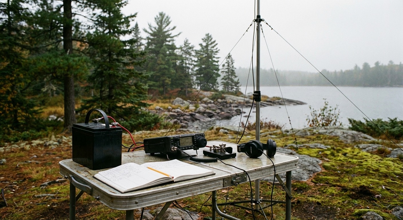 A portable HF station set up on a folding table with a laptop, a small transceiver, and a battery, with coax running out a window to a wire antenna.