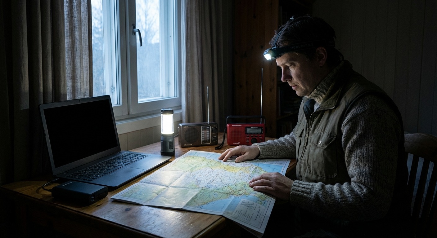 A volunteer announcer at a small studio desk reading from a printed sheet, headphones on, microphone live, with a battery-backed light overhead.