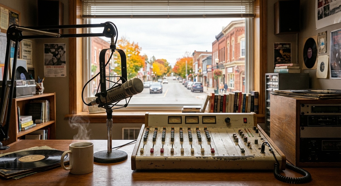 A community radio host interviewing two local farmers in front of a market stall on a sunny morning.