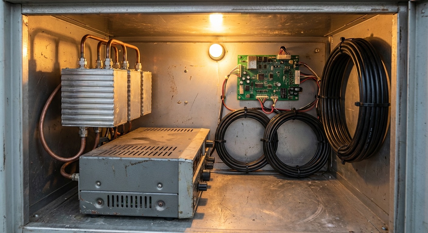 Inside an amateur repeater cabinet showing a labelled duplexer, a primary and standby transceiver, and a clearly drawn block diagram taped to the door.
