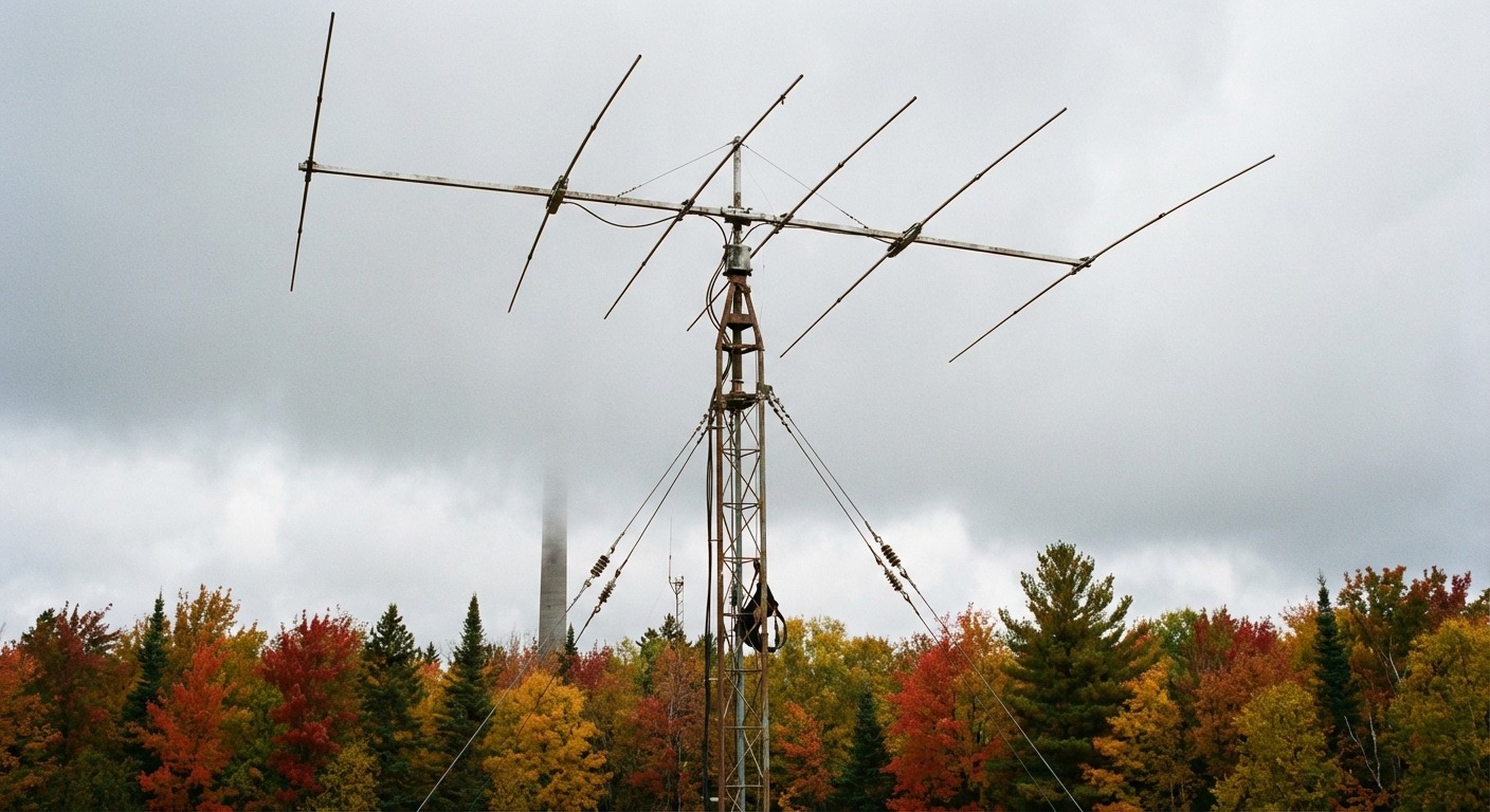 A 220 MHz Yagi antenna mounted on a tower with a packet link transceiver visible in a weatherproof enclosure below.