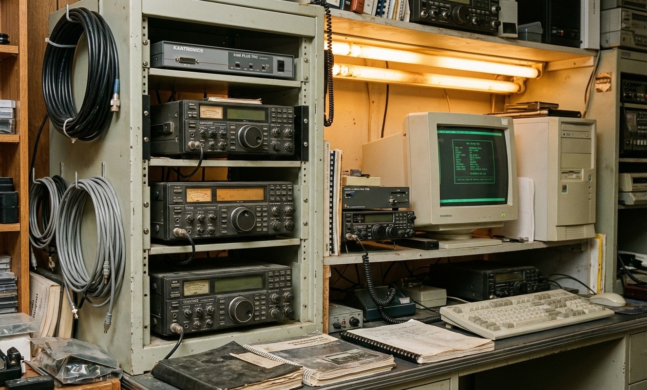 Vintage rack of packet radio TNCs and BBS gear from a 1990s amateur node site