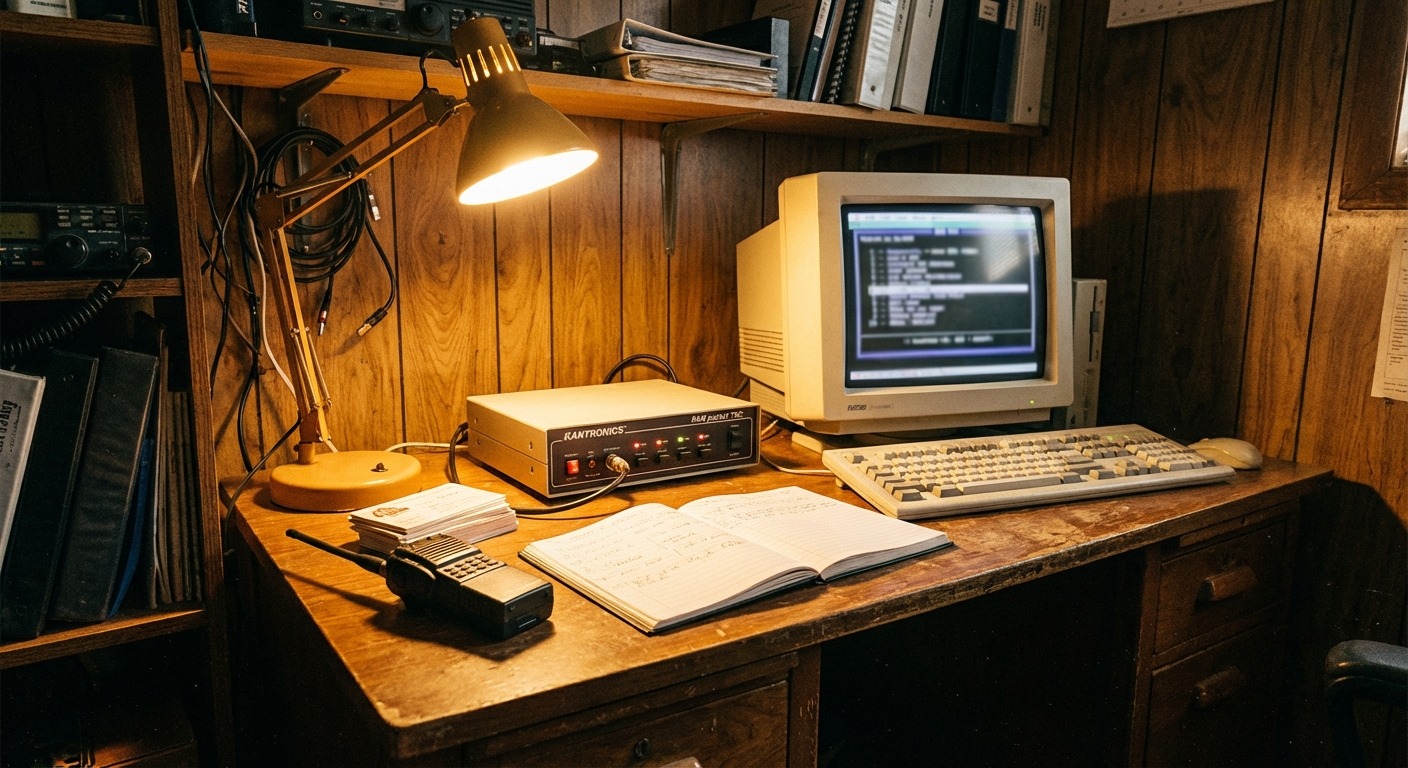 A rack of packet radio TNCs and a 2 metre transceiver wired into a node controller, photographed in low light.