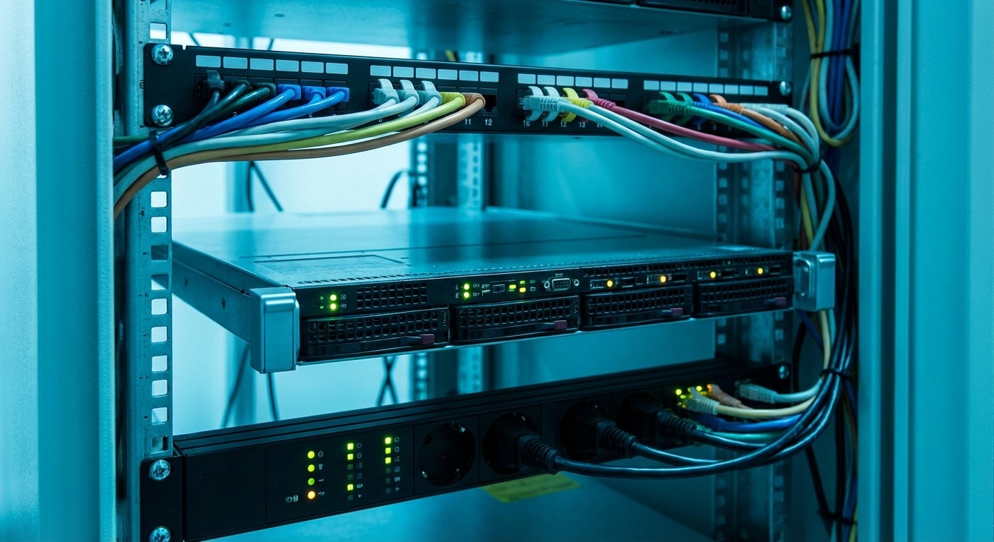A small server rack in a community broadcast facility with a streaming server, a UPS, a small network switch and labelled patch cables.