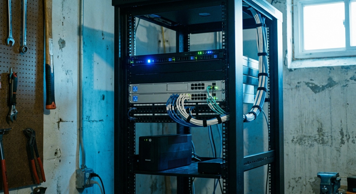 A streaming server rack with an Icecast or similar origin appliance, an audio encoder, network switch and patch panel.