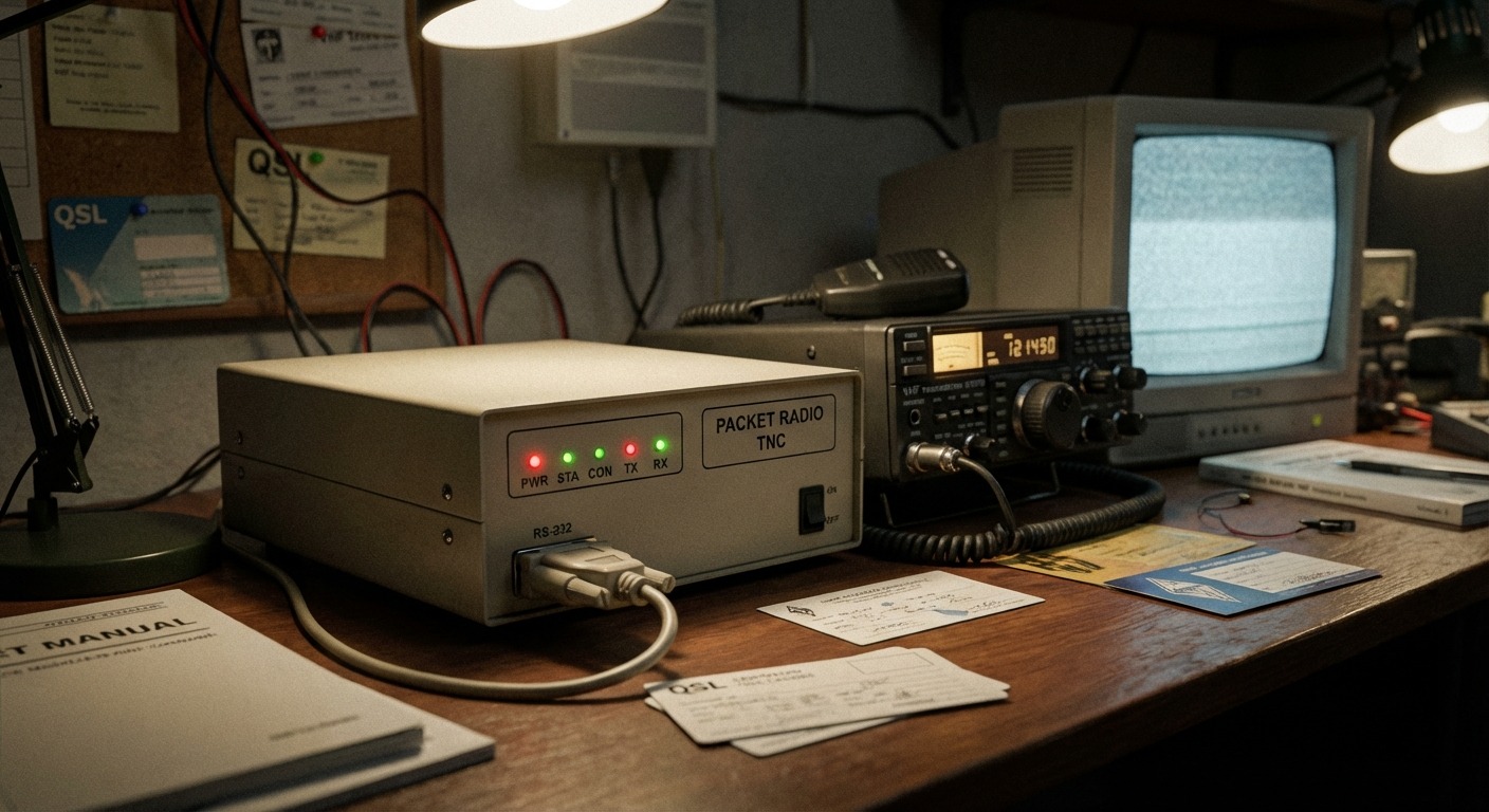 Close-up of a Kantronics KAM packet radio TNC from a 1990s station