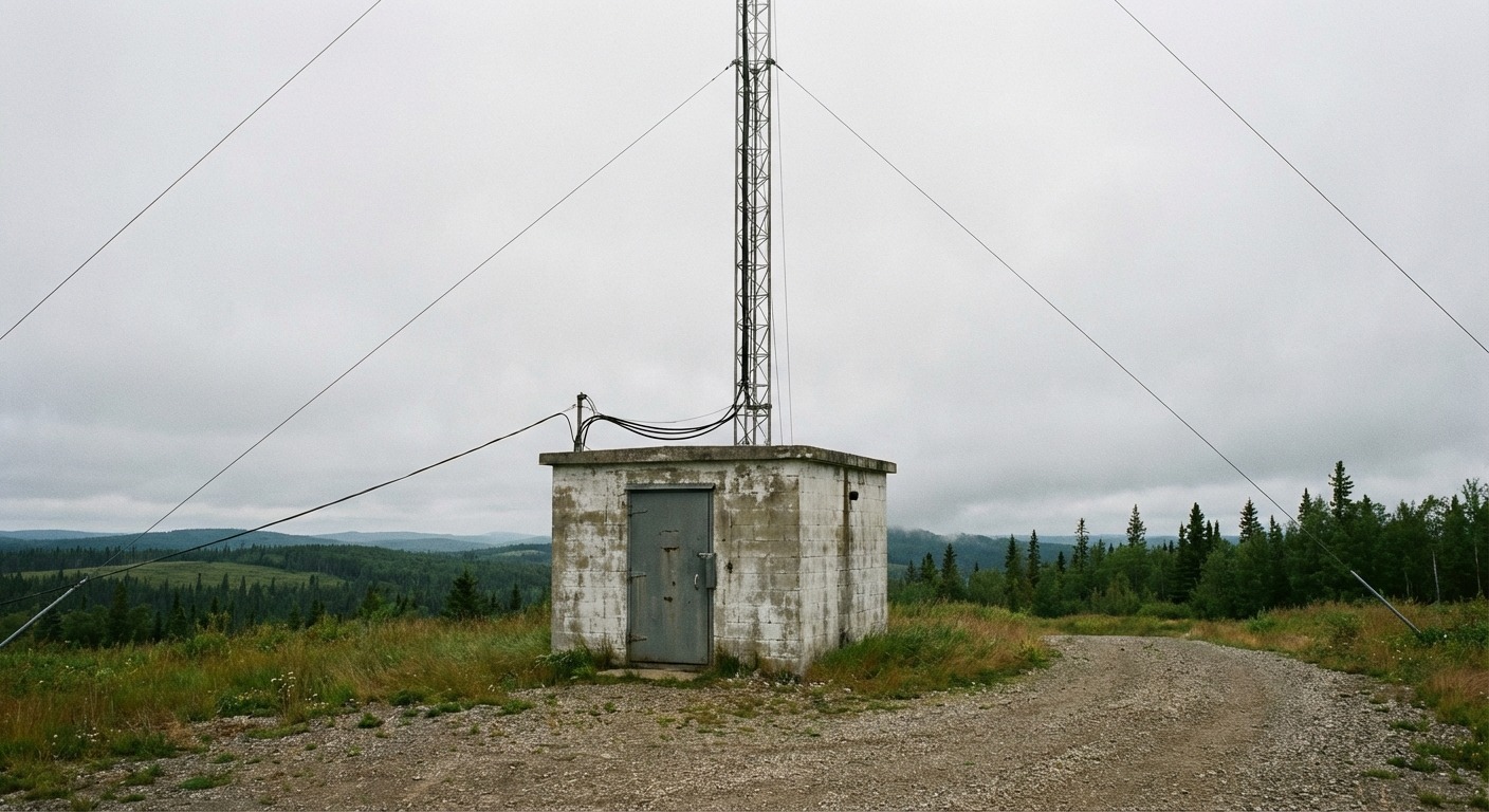 Interior of a small transmitter shelter showing a rack with an FM exciter, a backup STL receiver, and a battery cabinet with status LEDs.