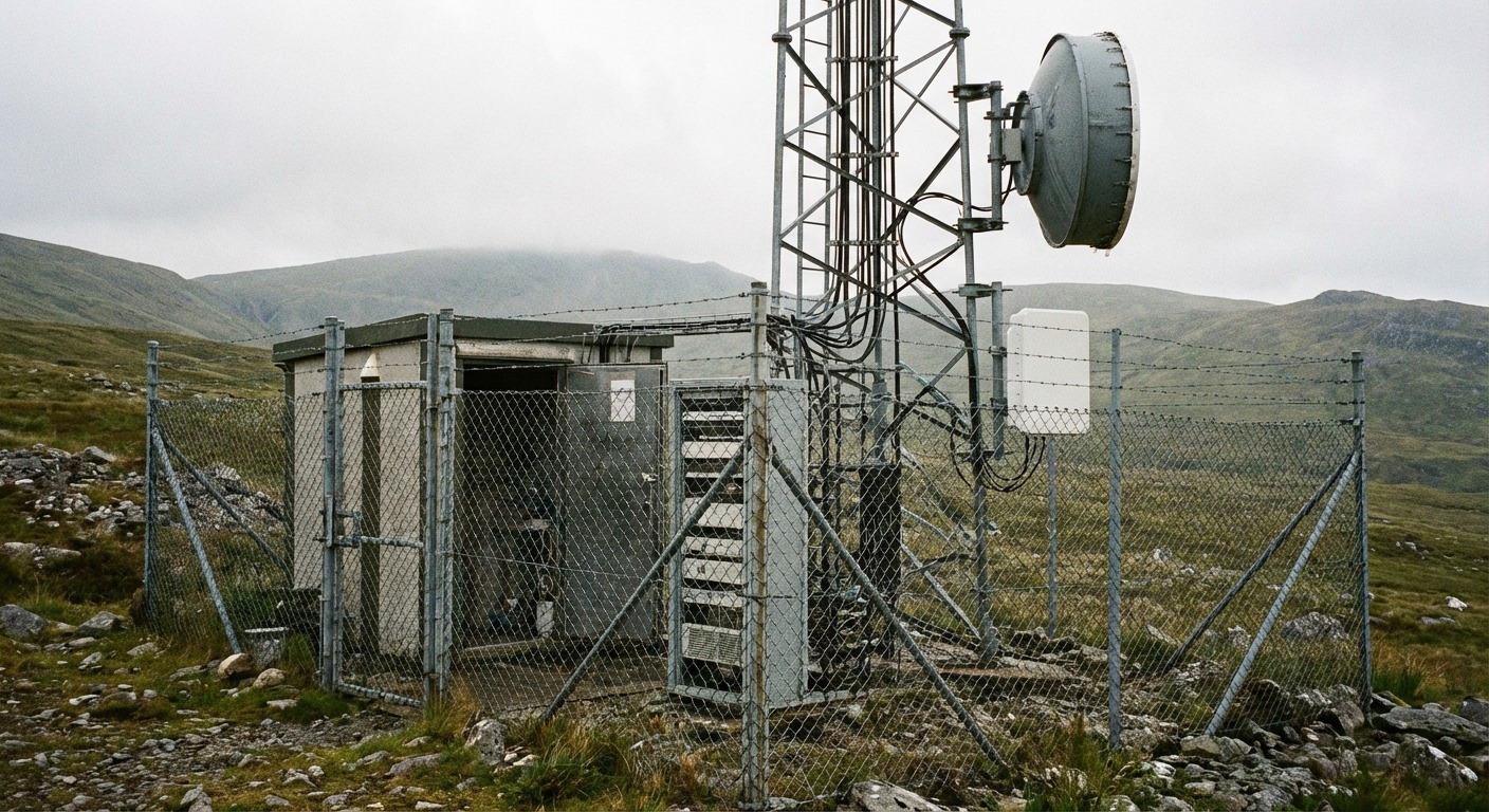 A small transmitter shelter on a rural hilltop with two microwave dishes and a vertical antenna, illustrating distributed broadcast infrastructure.
