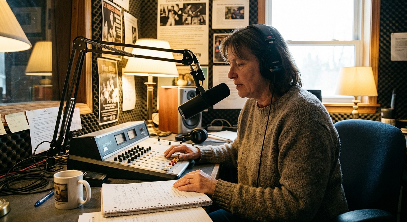 A new volunteer presenter being trained on a broadcast console by an experienced operator in a community radio studio.