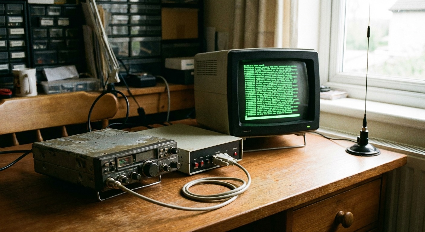 A vintage Kantronics KPC-3 TNC connected to a 2 metre mobile transceiver, with a serial cable running off-frame to a terminal.
