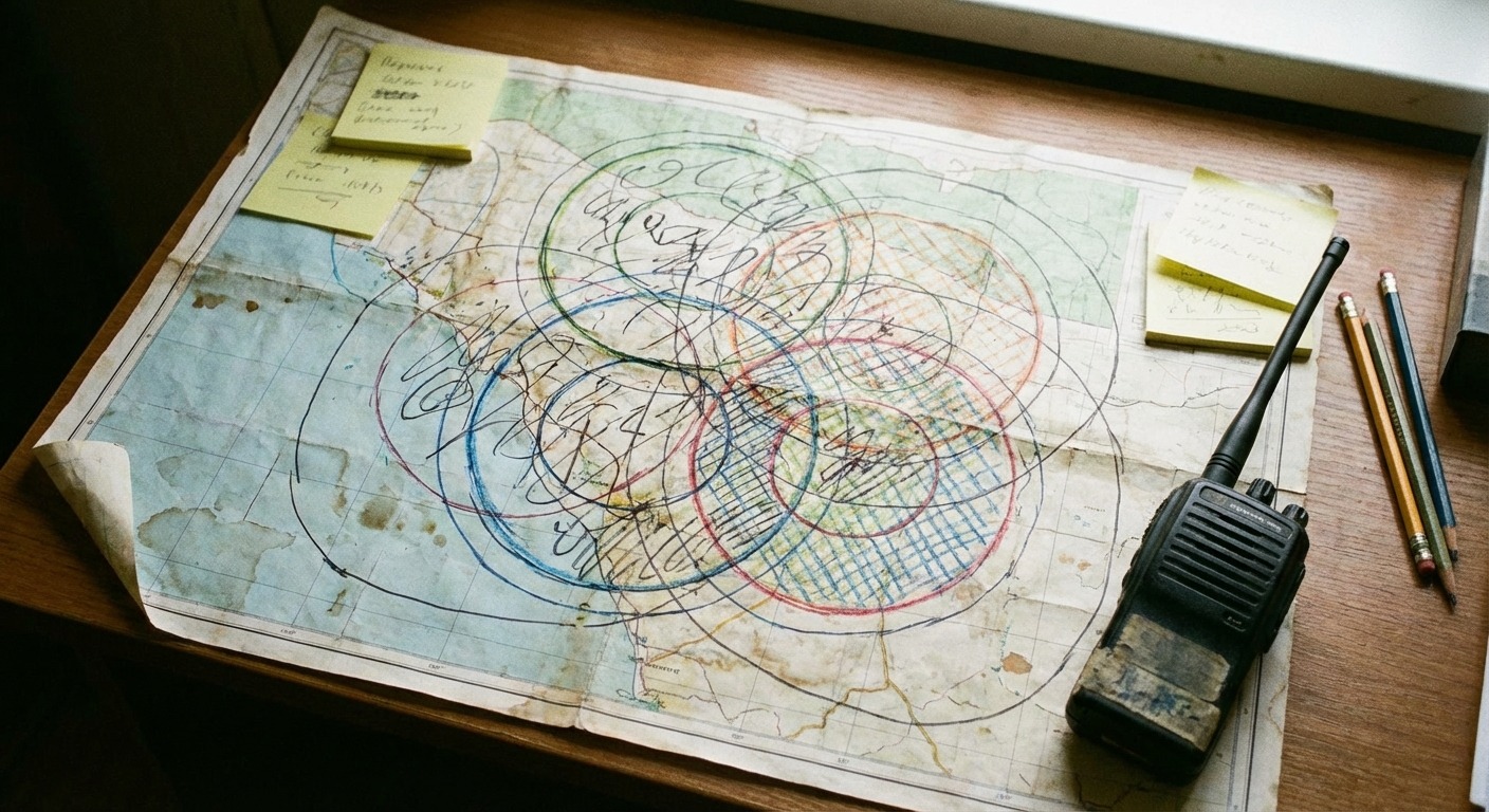 A regional map overlay showing multiple small transmitter sites linked by microwave and IP paths across a Canadian landscape.
