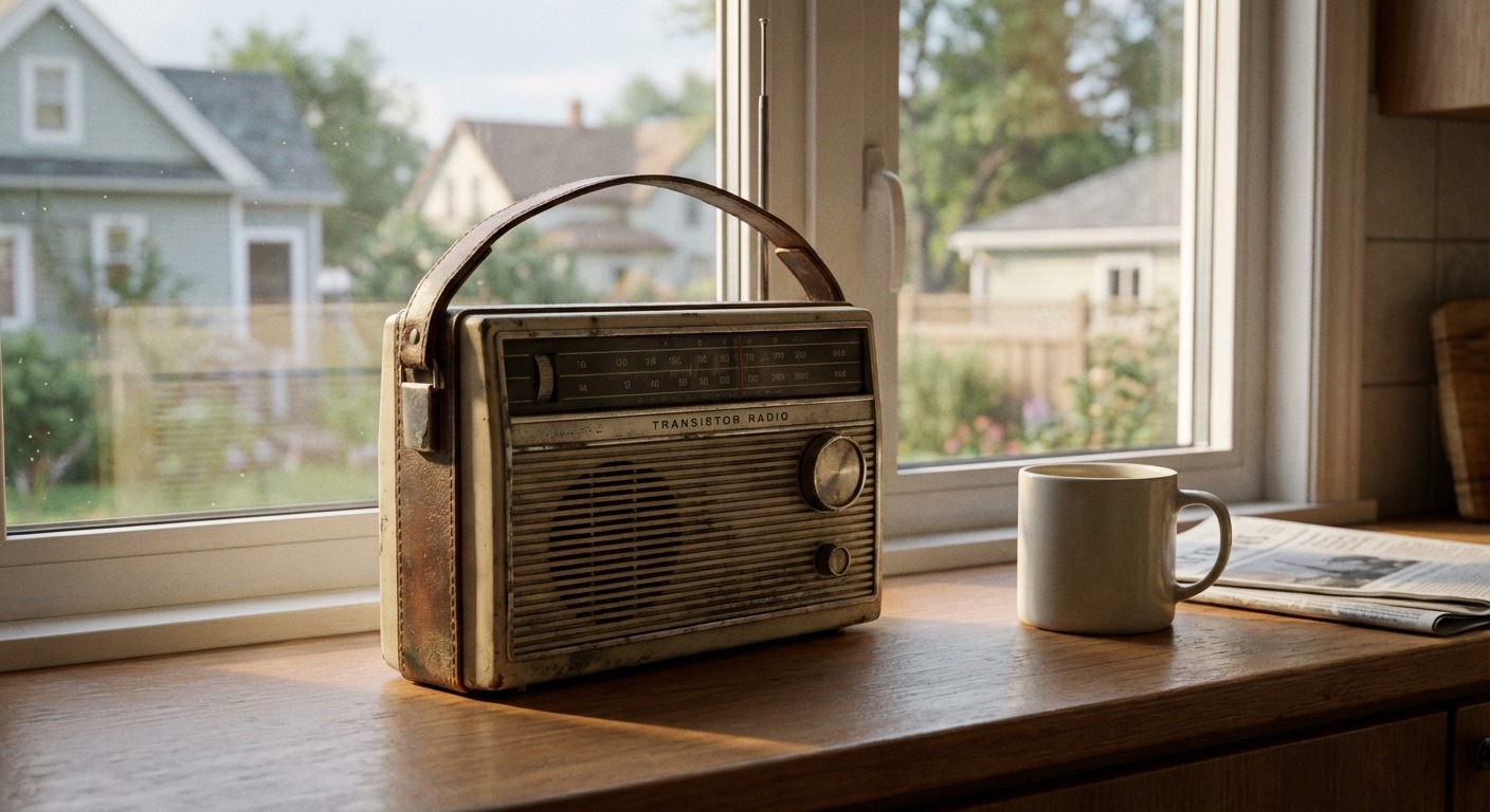 A late-evening view down a quiet small-town main street in eastern Ontario, with one lit storefront and a community notice board on a telephone pole.